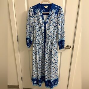 Shoshanna Blue and White Printed Long Sleeve Midi Dress